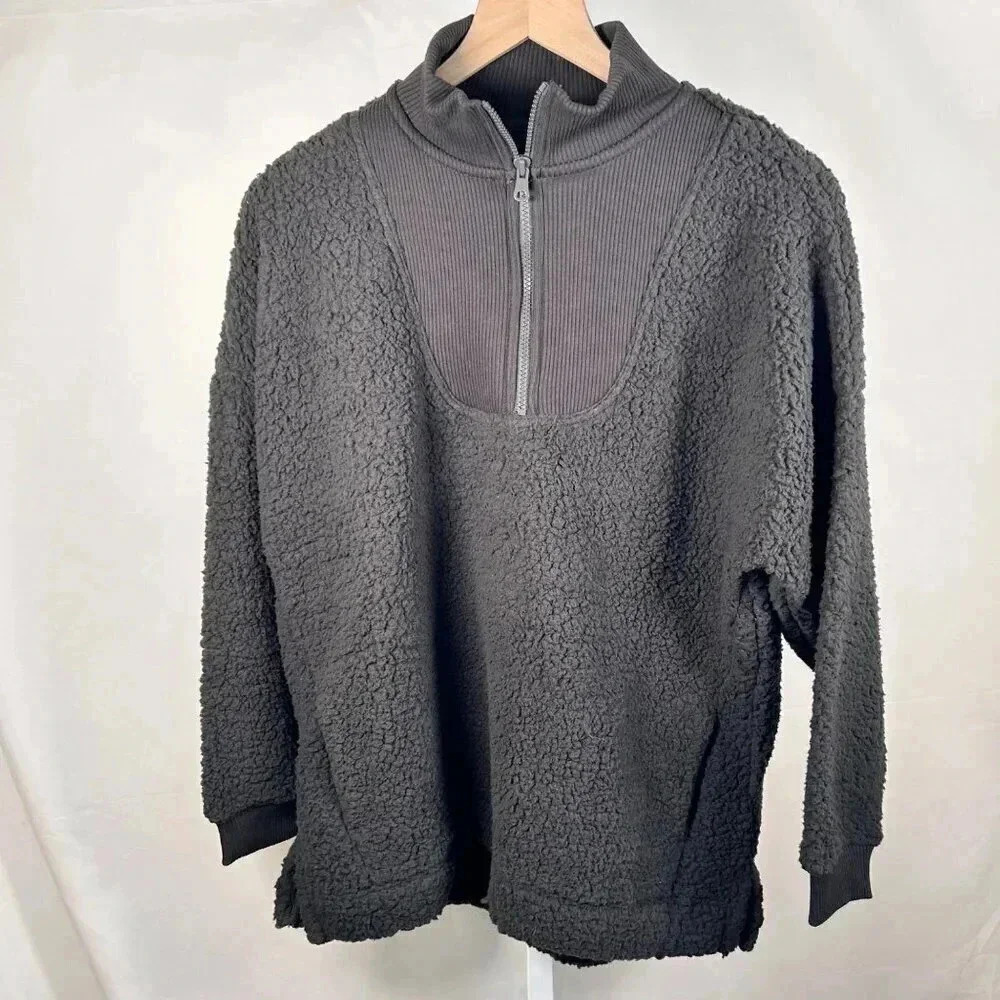 Aerie Dream Sherpa Quarter Zip Sweatshirt Size Medium Charcoal Cabincore Cozy